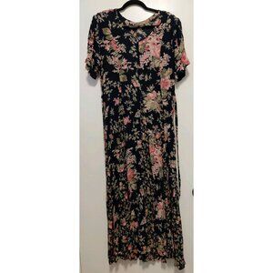 Vintage Starlina Maxi Dress Short Sleeve Crinkle Rayon Dark Floral Large